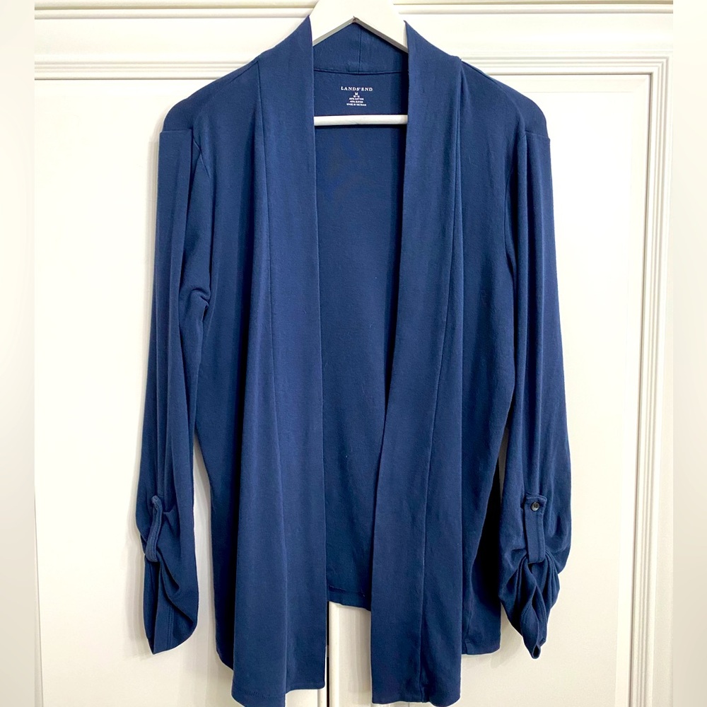 Lands’ End Size Medium Navy Open Front Cardigan Buttons to Shorten Sleeves